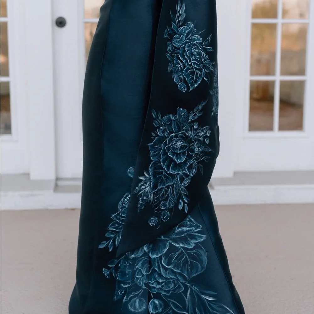 One of a Kind Hand Painted Amsale Silk Navy Gown - Picture 3 of 6